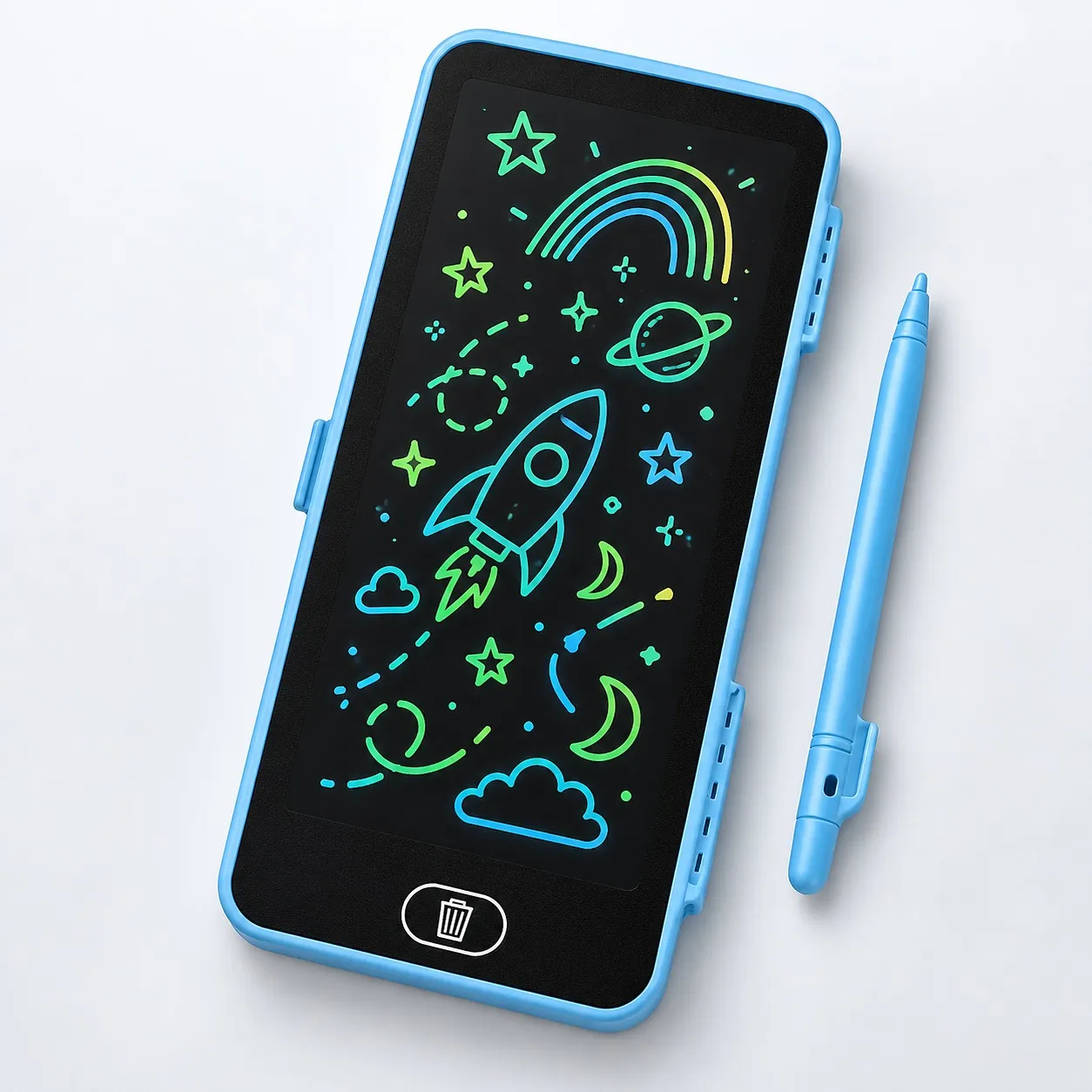 Blue LCD pencil box with a drawing on the lid