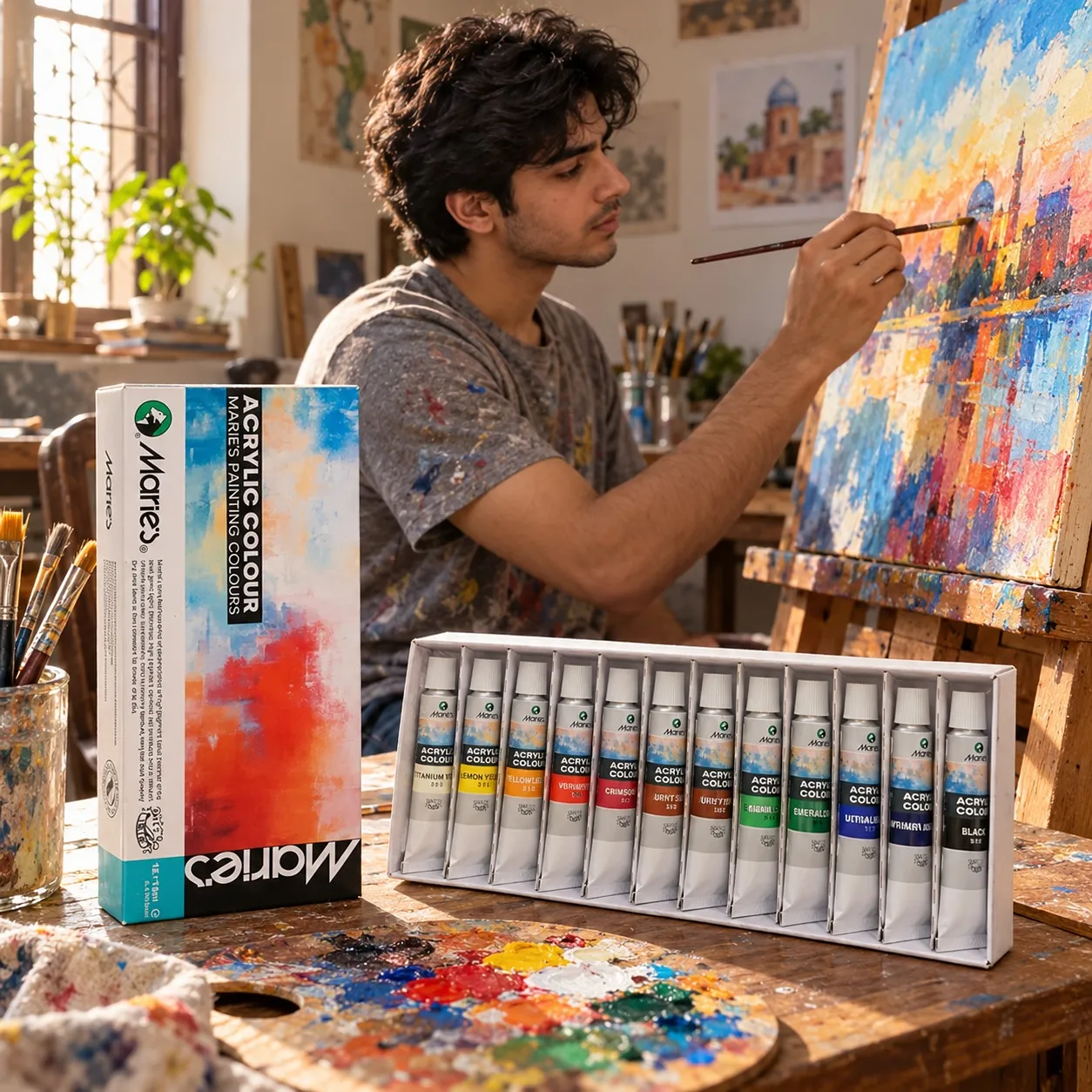 Art student painting with Marie’s acrylic colours