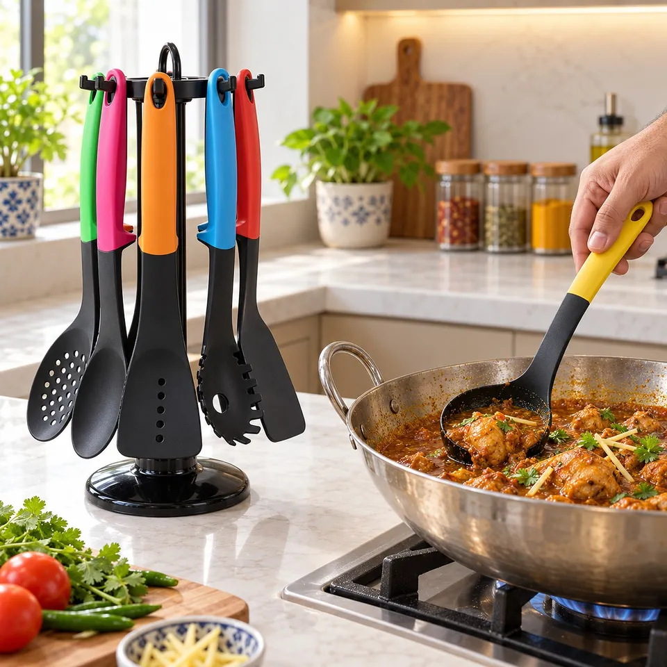 Stirring a karahi with the non-stick ladle