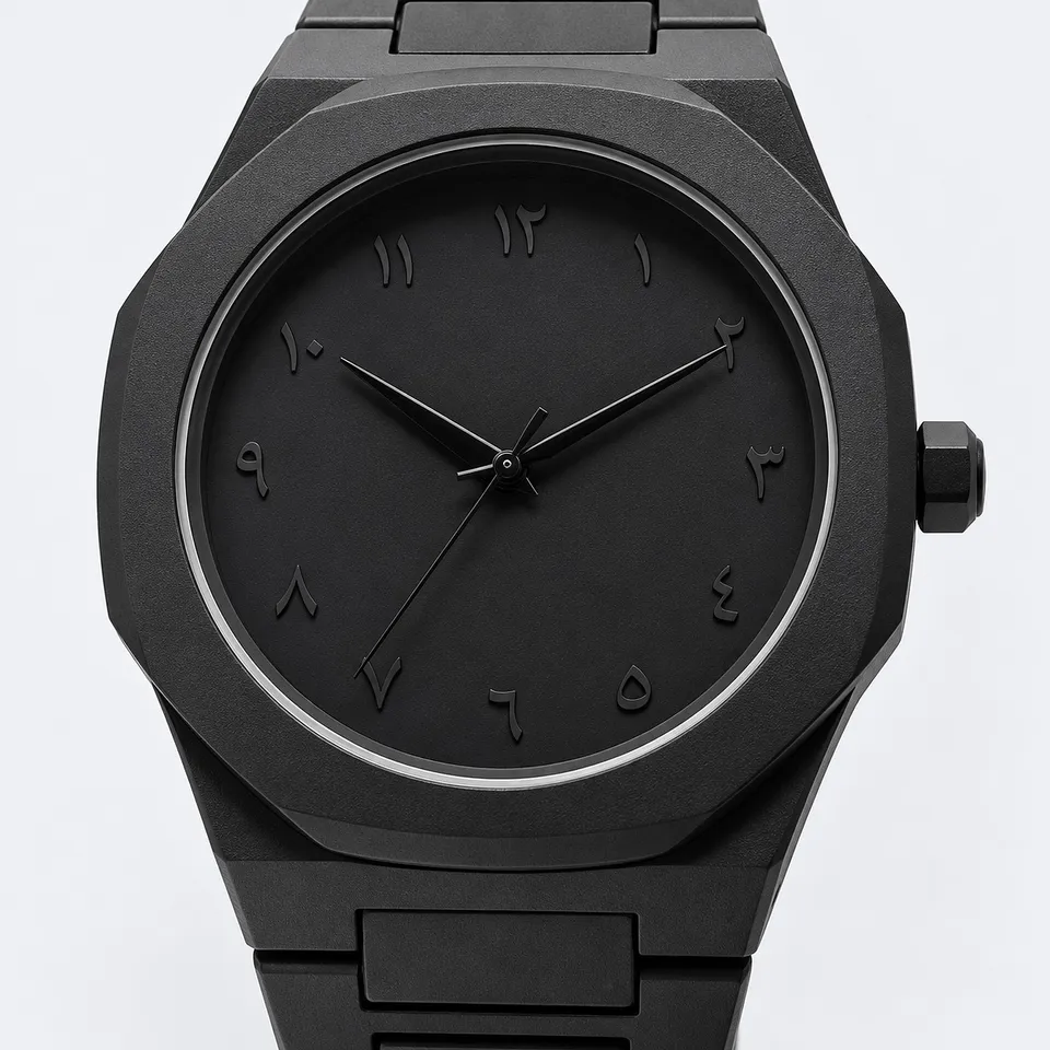 Close-up of the Aura watch dial with raised Arabic numerals