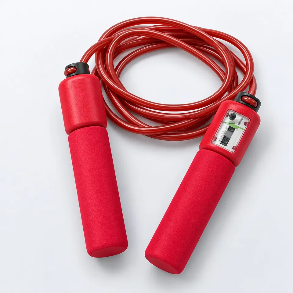 Skipping rope with counter and red foam handles
