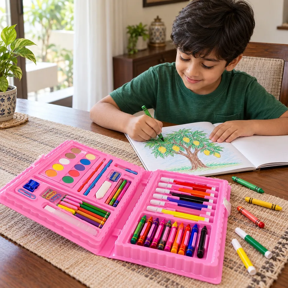 Boy colouring with the 68-piece art set