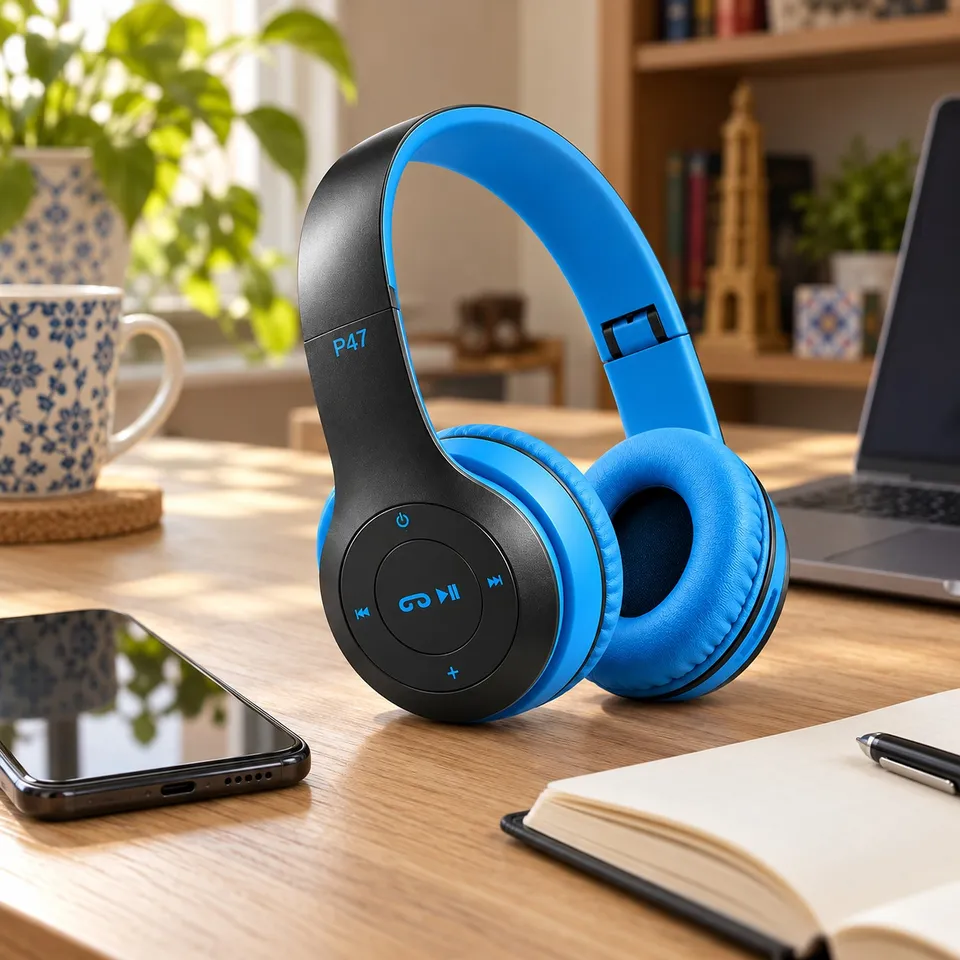 P47 Bluetooth headphones on a desk next to a phone