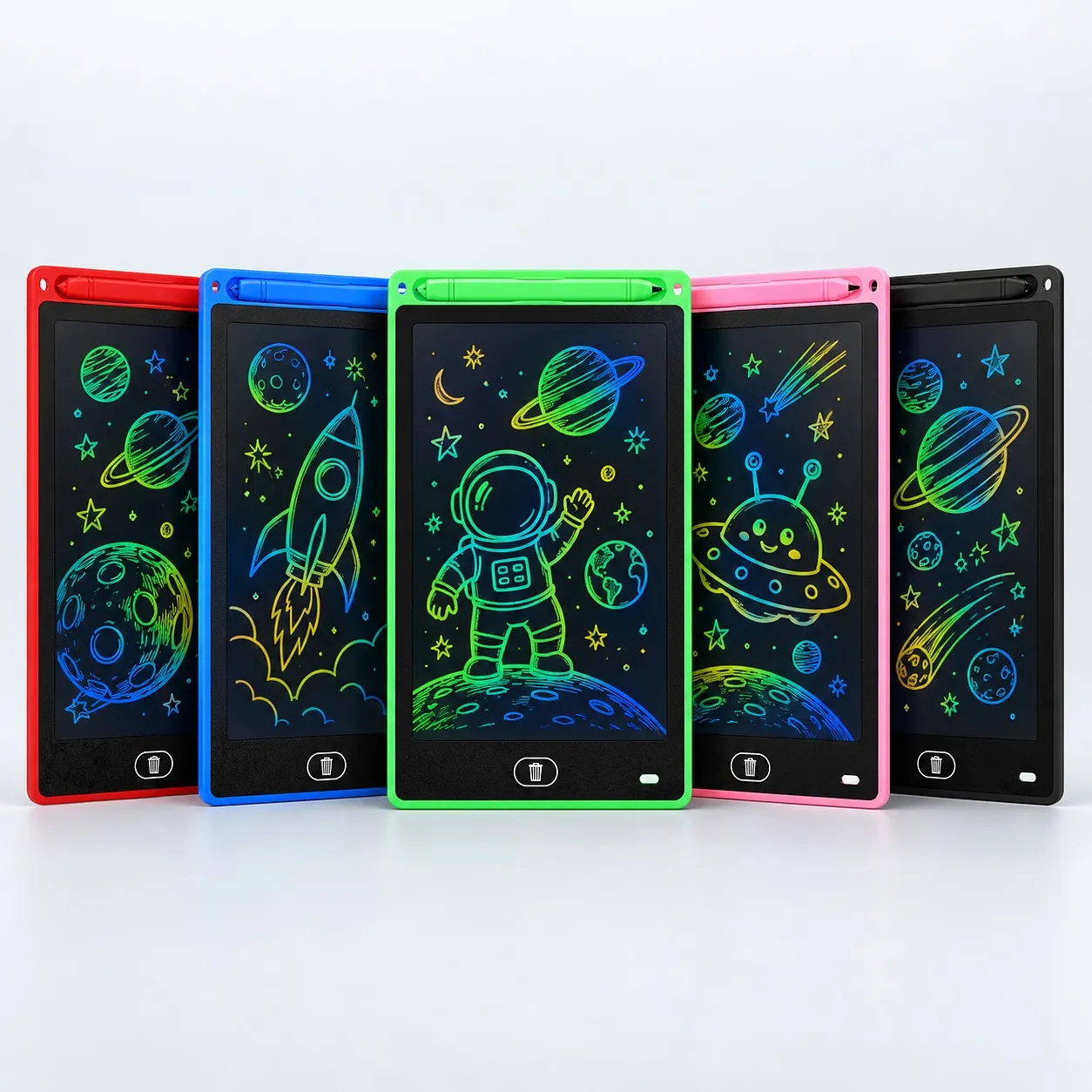 LCD writing tablets in red, blue, green, pink and black