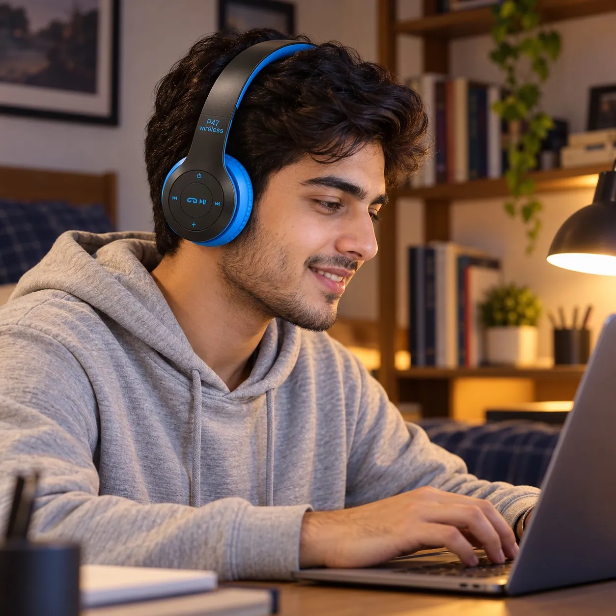 Young man wearing P47 wireless headphones while working on a laptop