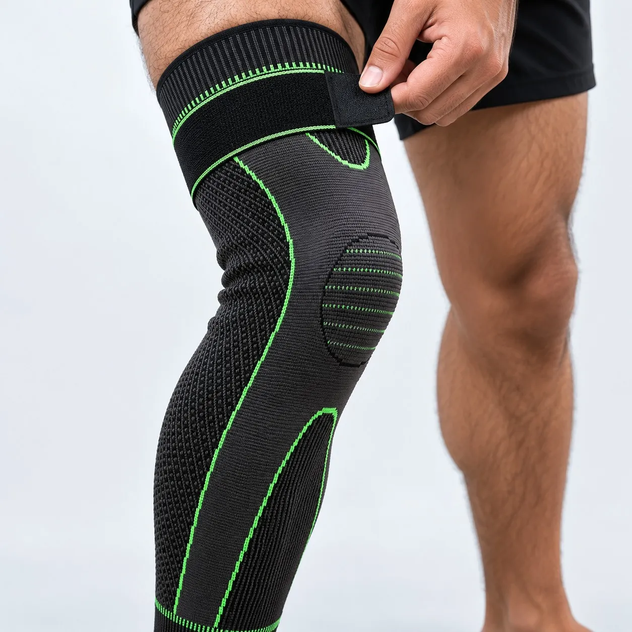 Close-up of the knee pad zone and the thigh strap
