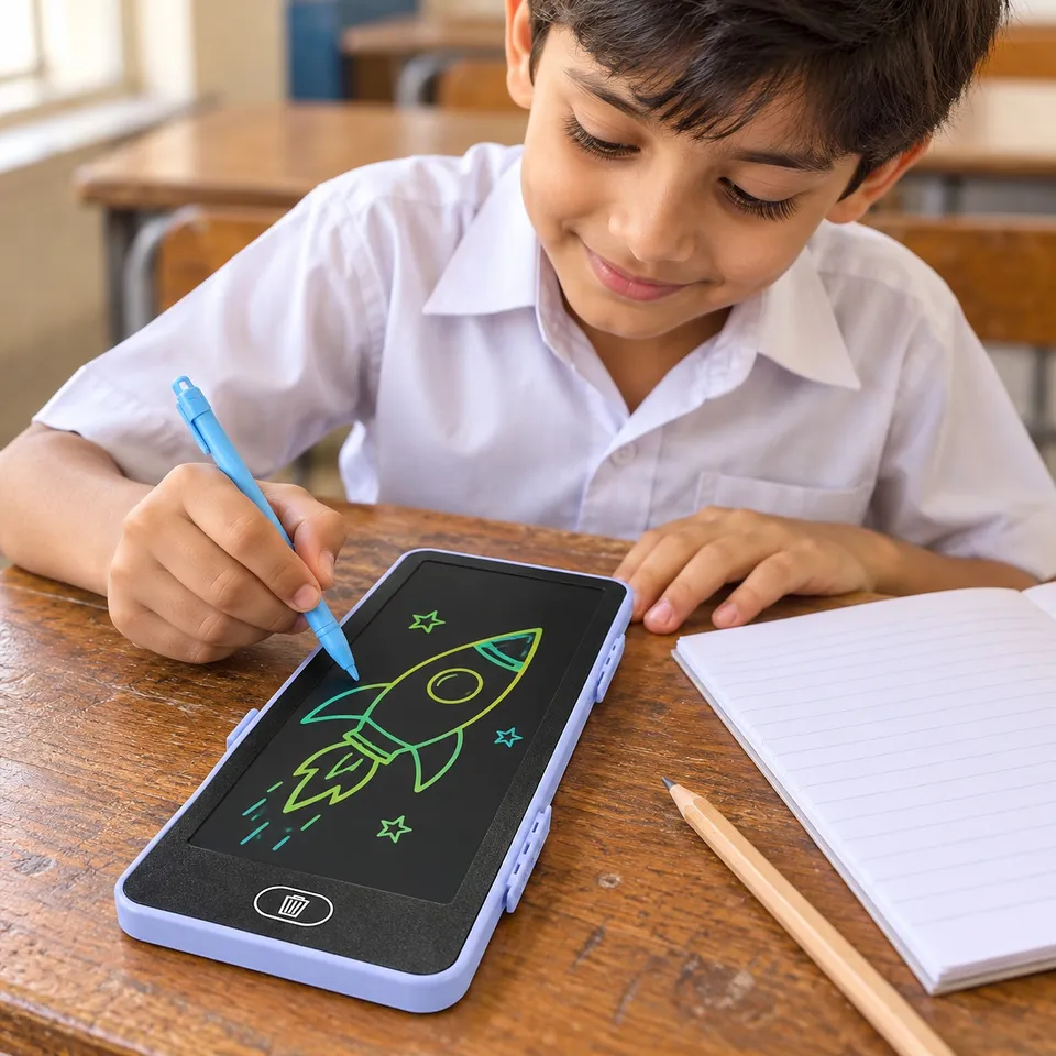 Schoolboy drawing on the LCD pencil box lid