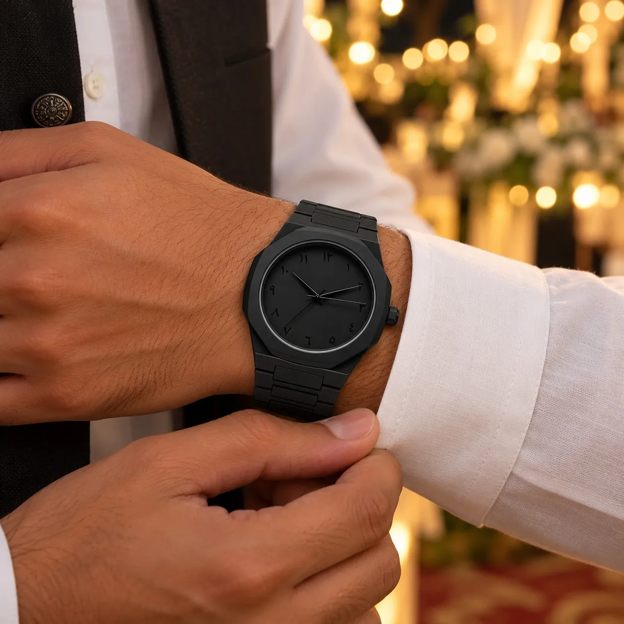 Black Aura watch on a man’s wrist with a white kurta cuff at a wedding