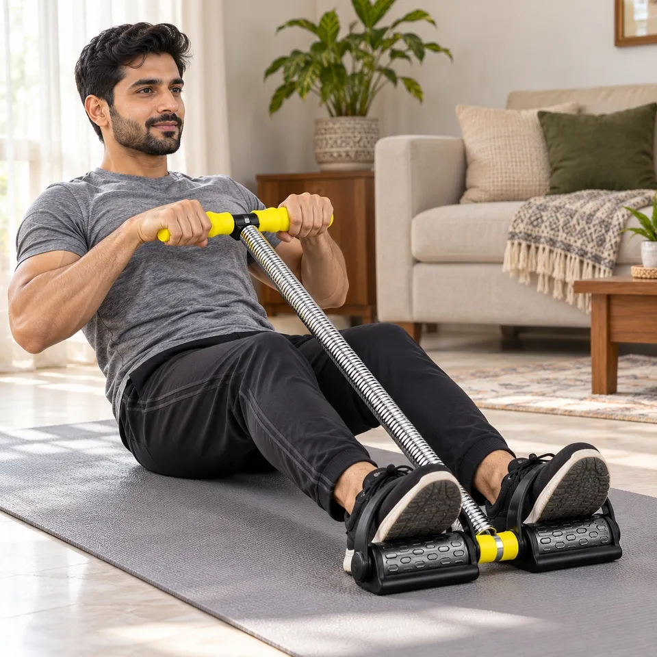 Man doing a tummy trimmer workout at home