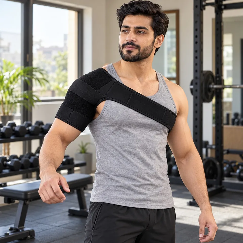 Man wearing the shoulder support belt in a home gym
