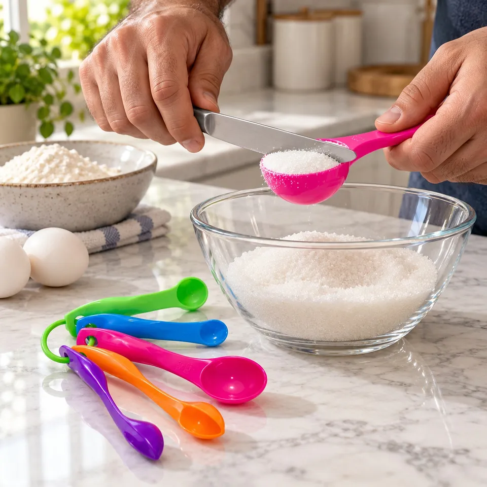 Measuring sugar with the pink measuring spoon