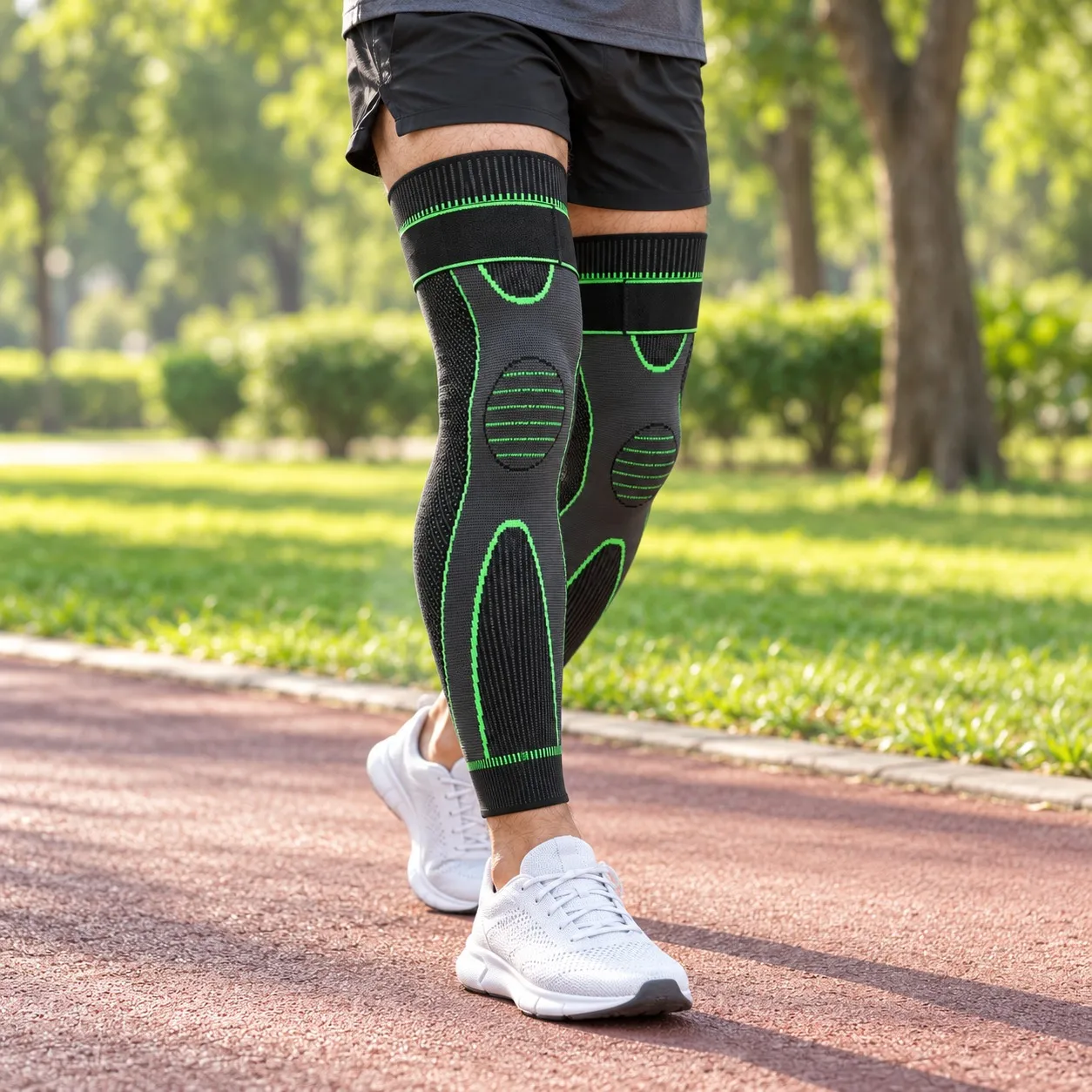 Full leg knee sleeves worn on a morning walk in the park