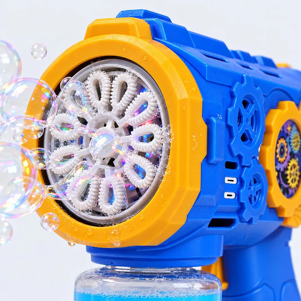 Close-up of the bubble gun wand wheel making bubbles