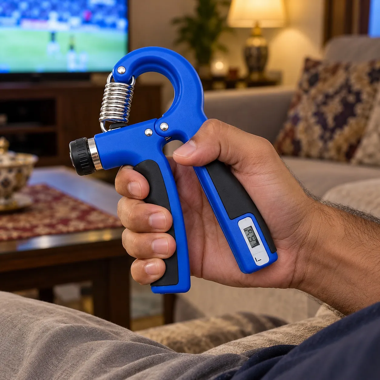 Man squeezing the blue R-shape hand grip at home