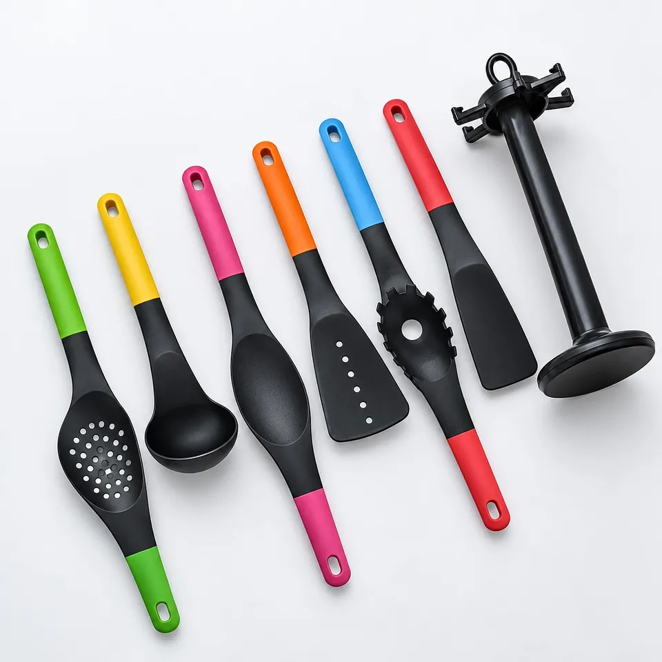Six cooking spoons and turners laid out