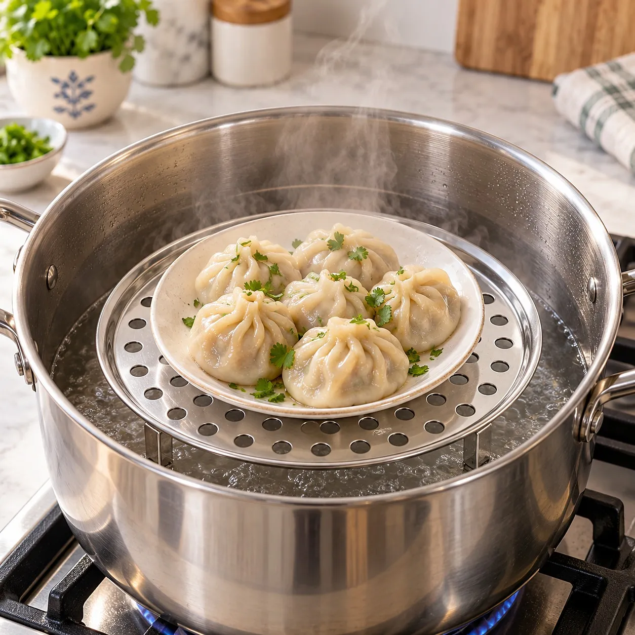 Steaming momos on the steamer stand in a pot