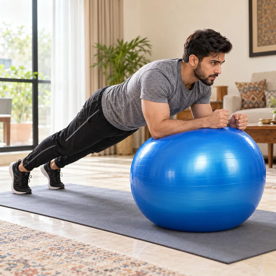 Man doing a plank on the gym ball at home