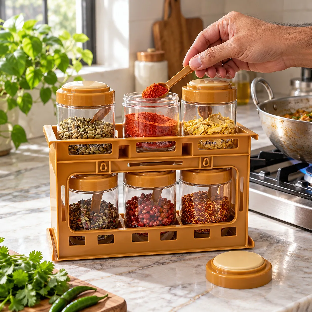 Spice rack filled with masalas next to the stove