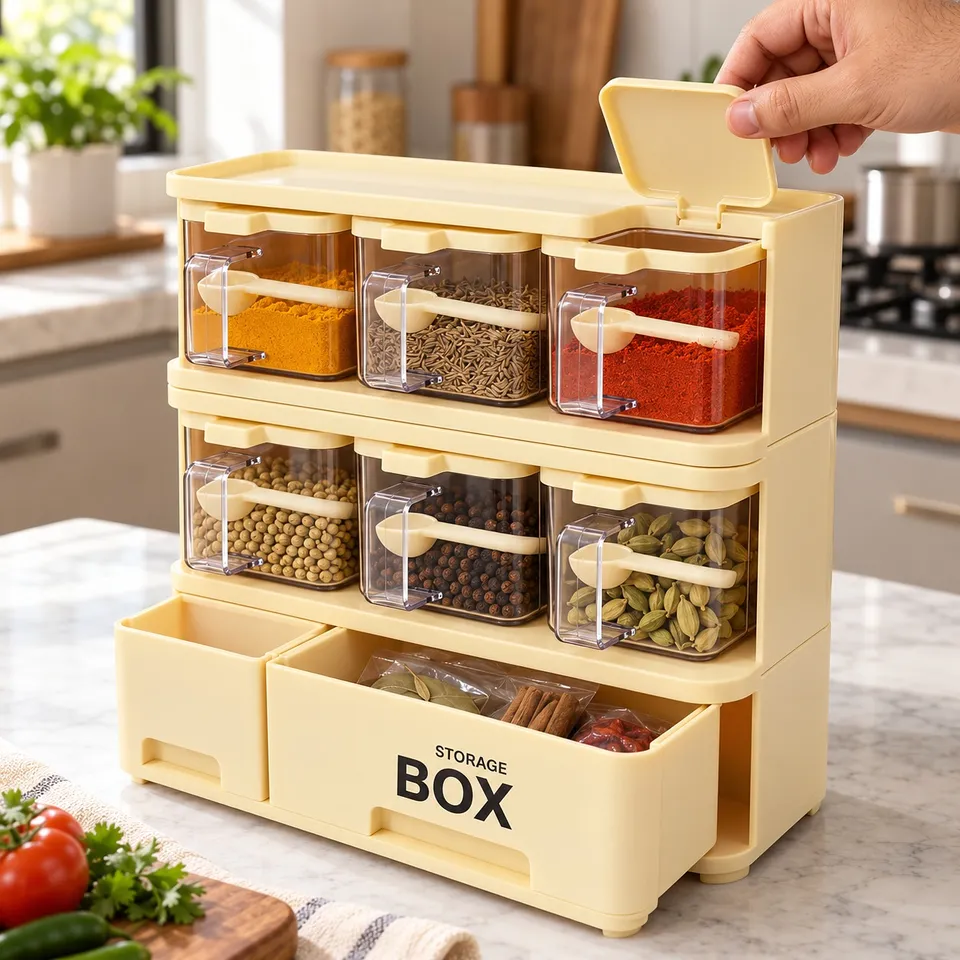 Masala rack with its storage drawer open in a kitchen