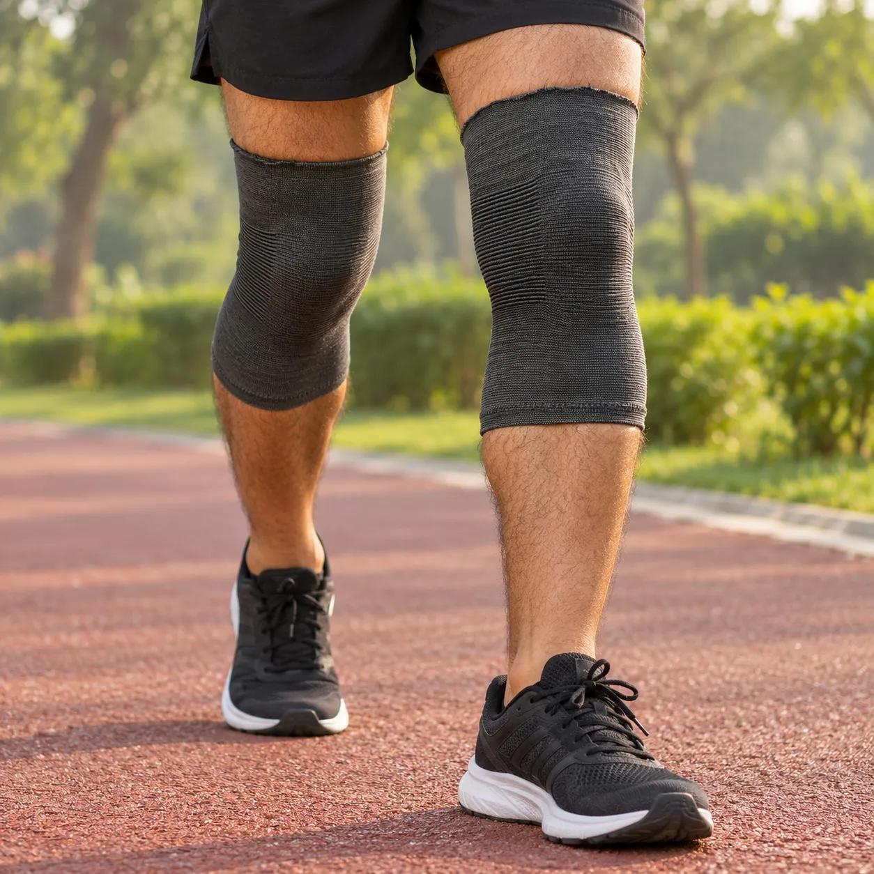 Man wearing knee support sleeves on a running track
