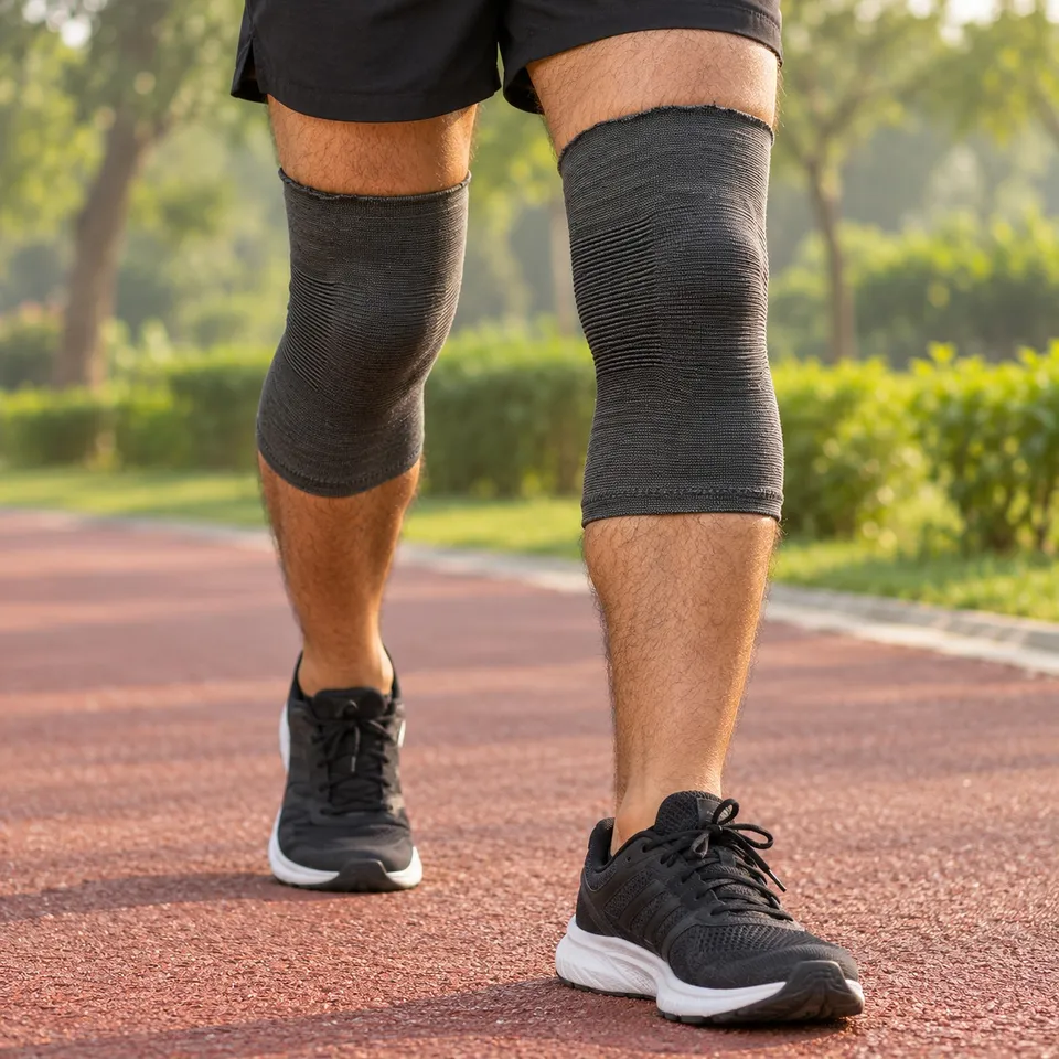 Man wearing knee support sleeves on a running track