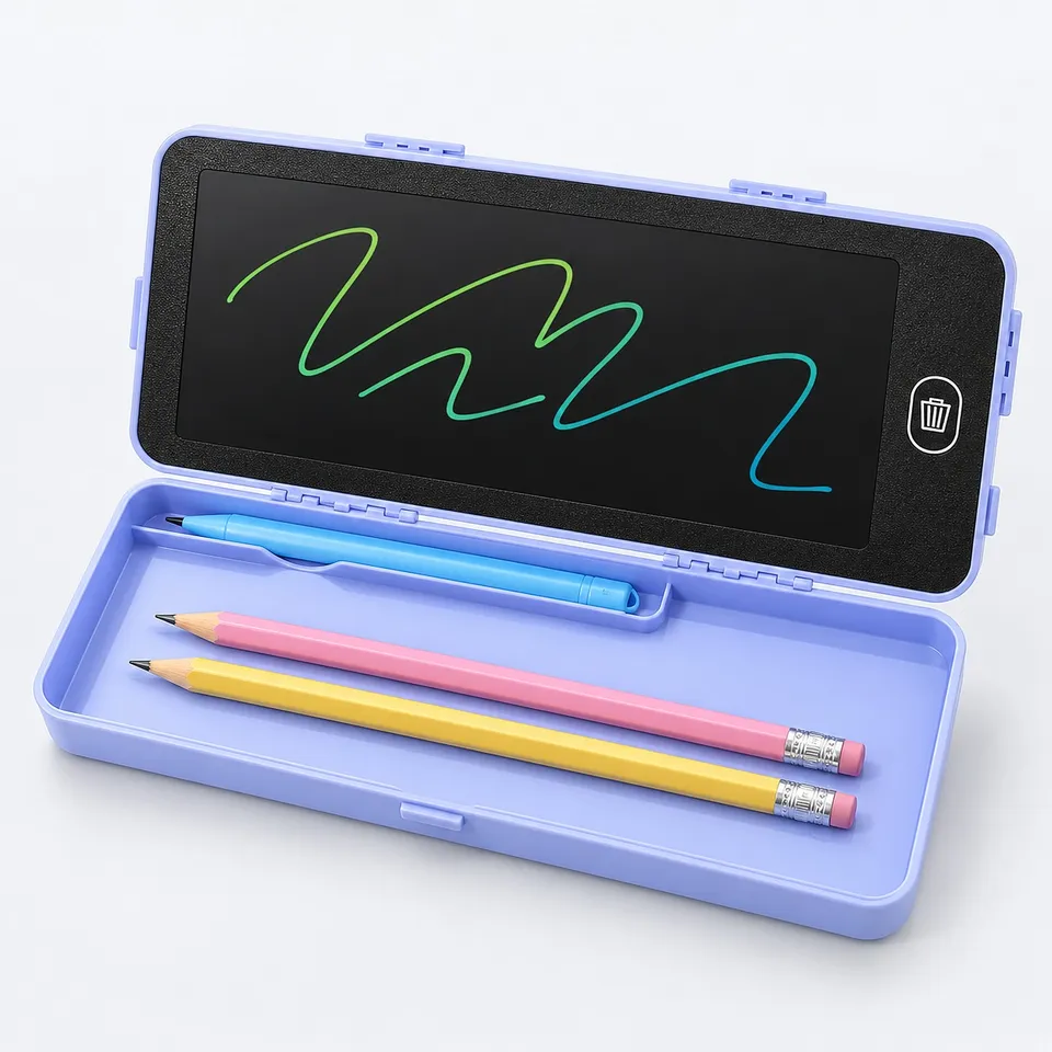 LCD pencil box open with stylus and pencils inside