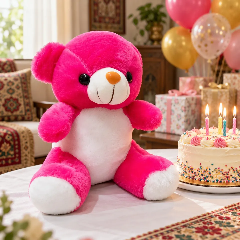 Pink teddy bear at a birthday party