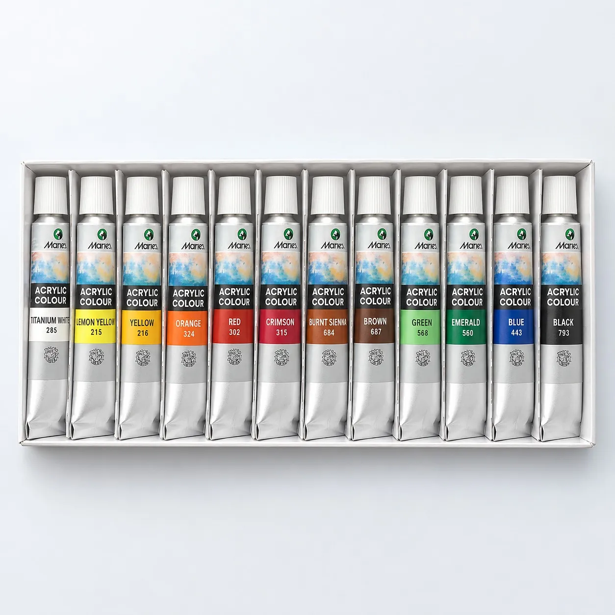 12 Marie’s acrylic paint tubes in their tray