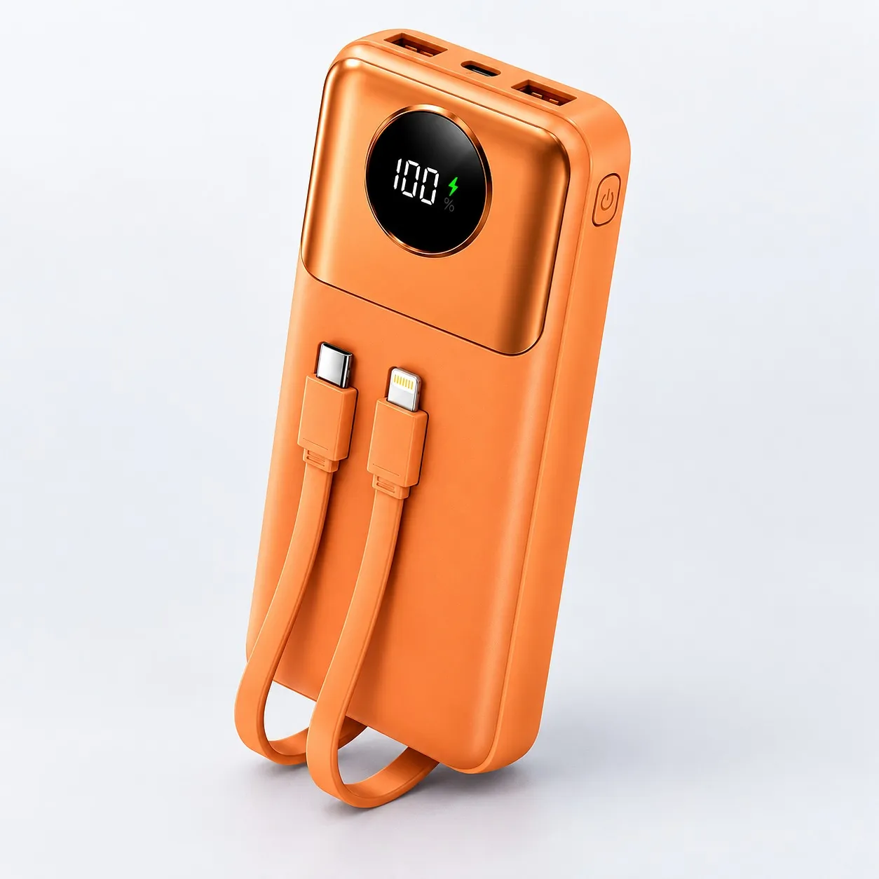LMA 10000mAh power bank in orange with built-in USB-C and Lightning cables