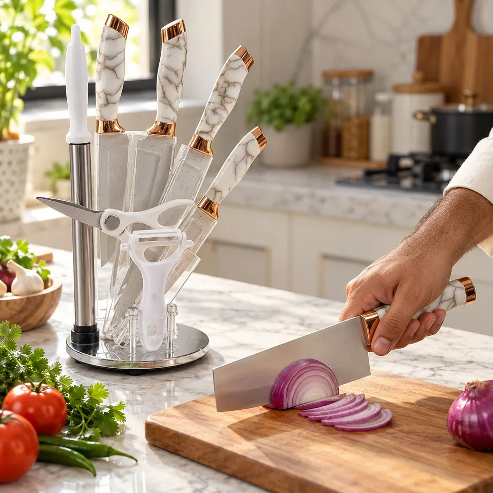 Slicing an onion with the chef knife from the set