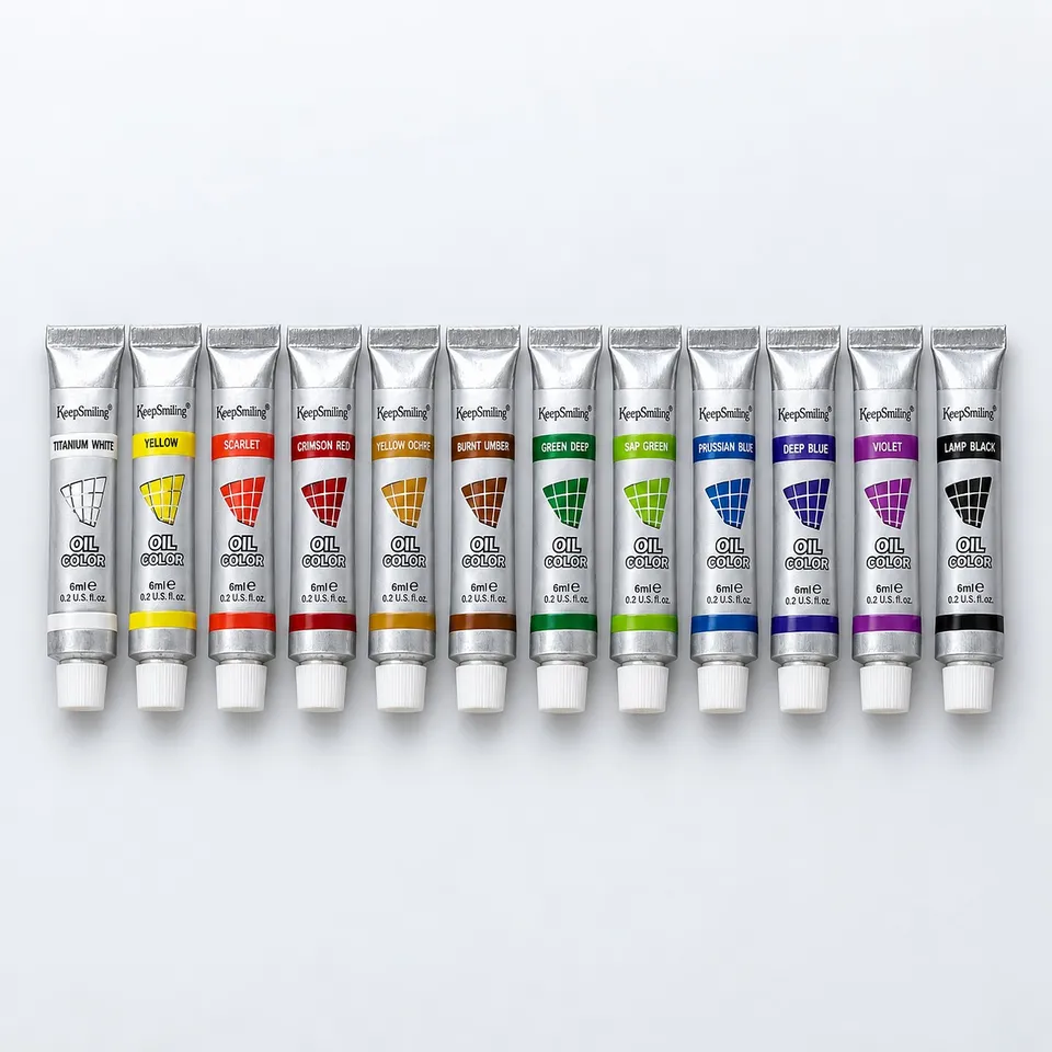 12 Keep Smiling oil paint tubes in a row