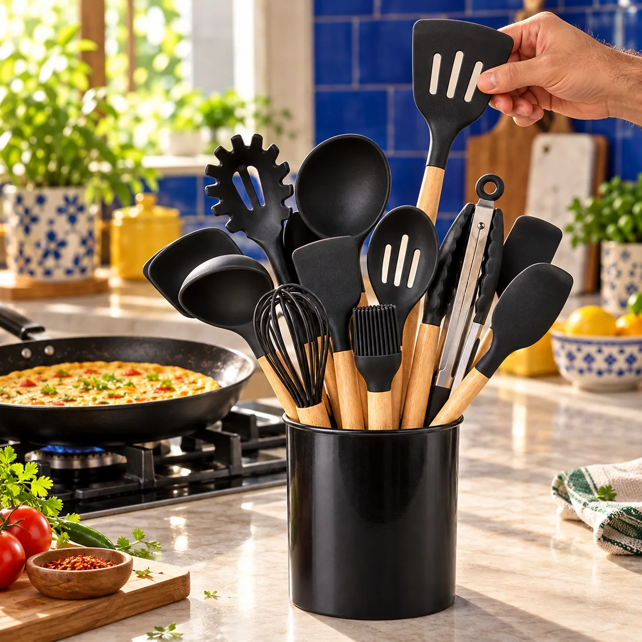 Hand taking the slotted turner from the silicone utensil set holder