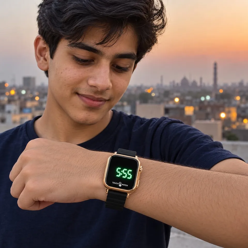 Boy checking the time on his LED watch on a rooftop at dusk