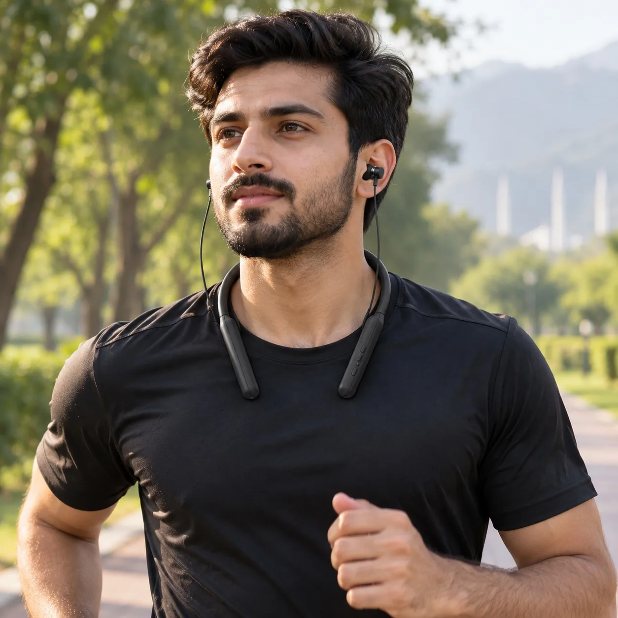 Man jogging in a park wearing the wireless neckband