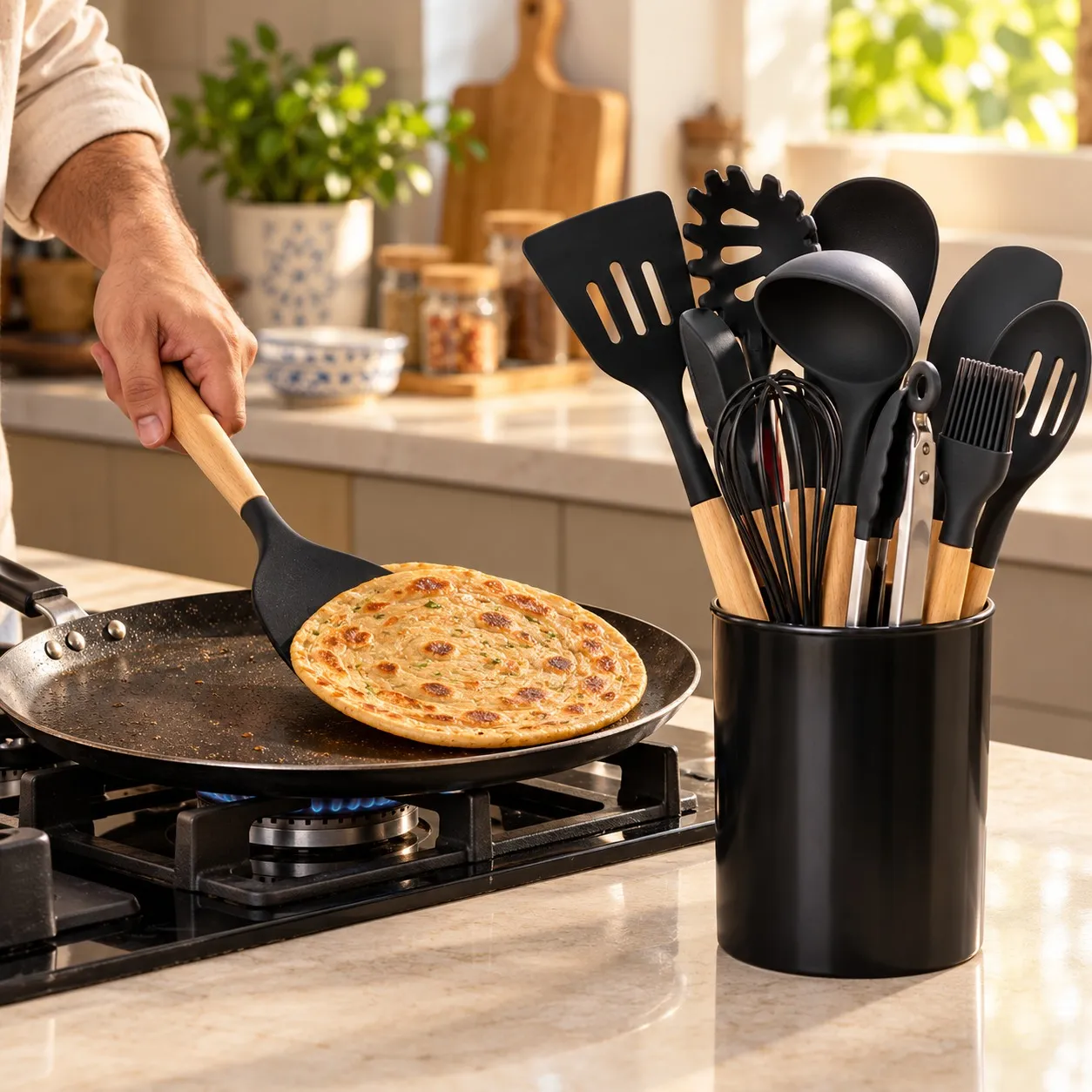 Silicone turner flipping a paratha on a non-stick pan
