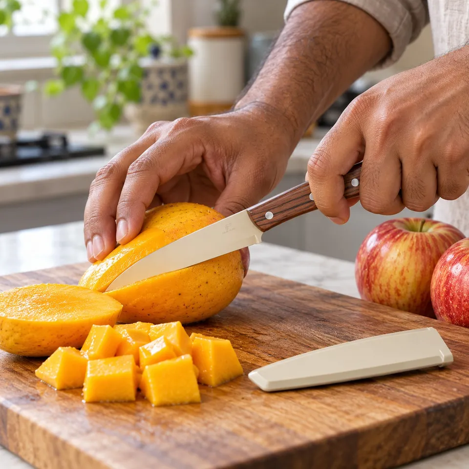 Slicing a mango with the fruit knife