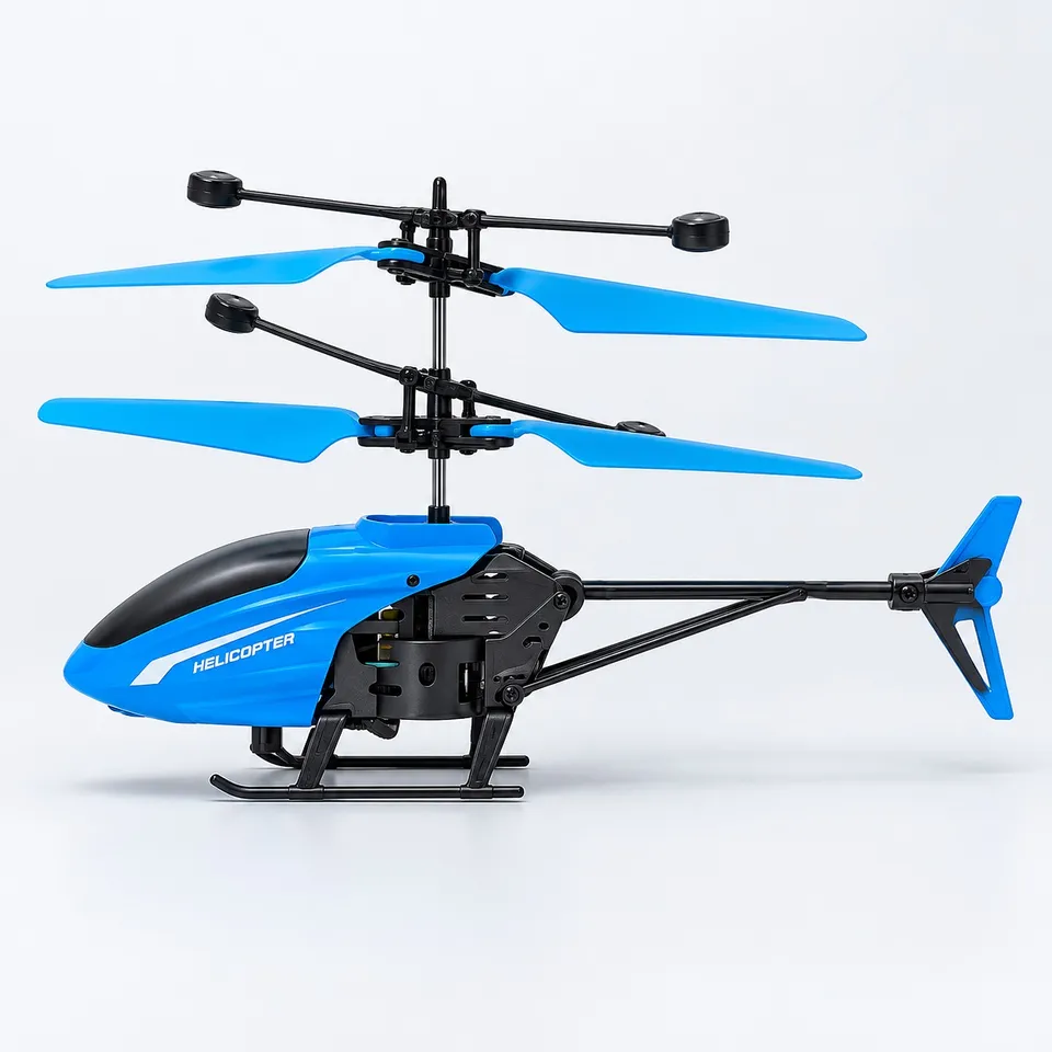 Blue flying helicopter toy, side view