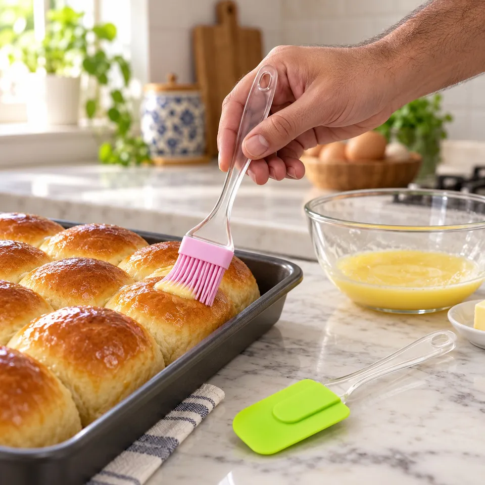 Brushing butter on buns with the silicone oil brush