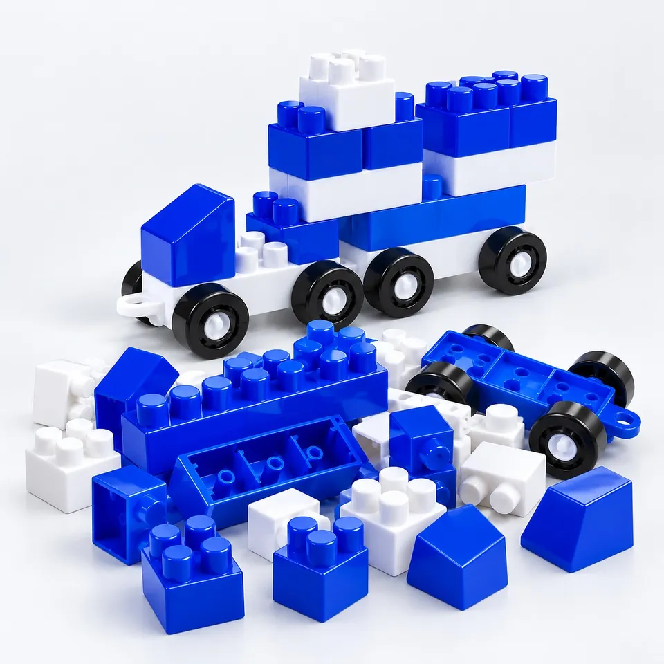 Blue and white building blocks set, 60 pieces with wheels