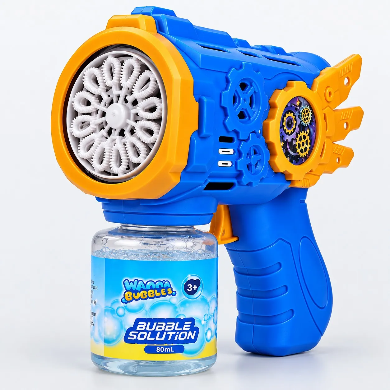Bubble gun front with the bubble wand wheel