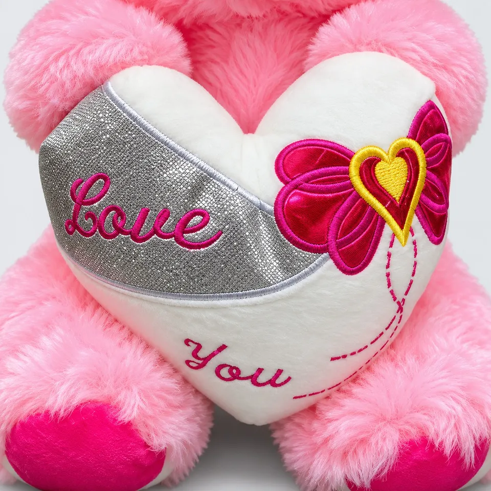 Love You heart held by the pink teddy bear