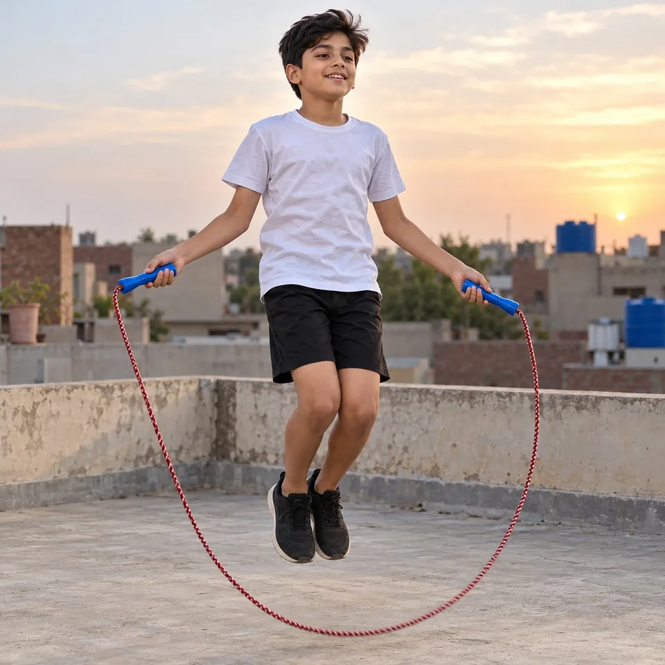 Boy skipping with the rope on a rooftop