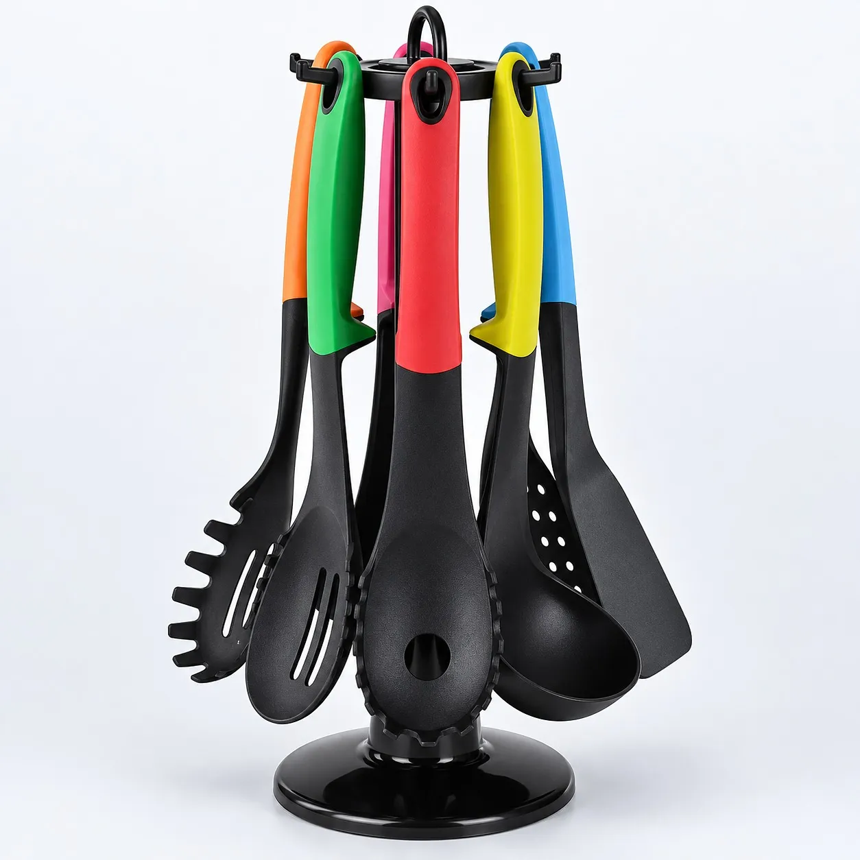 6-piece non-stick cooking spoon set on a rotating stand