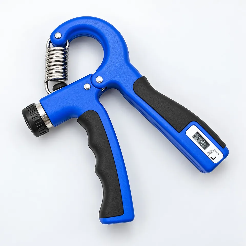 Blue R-shape hand gripper, side view