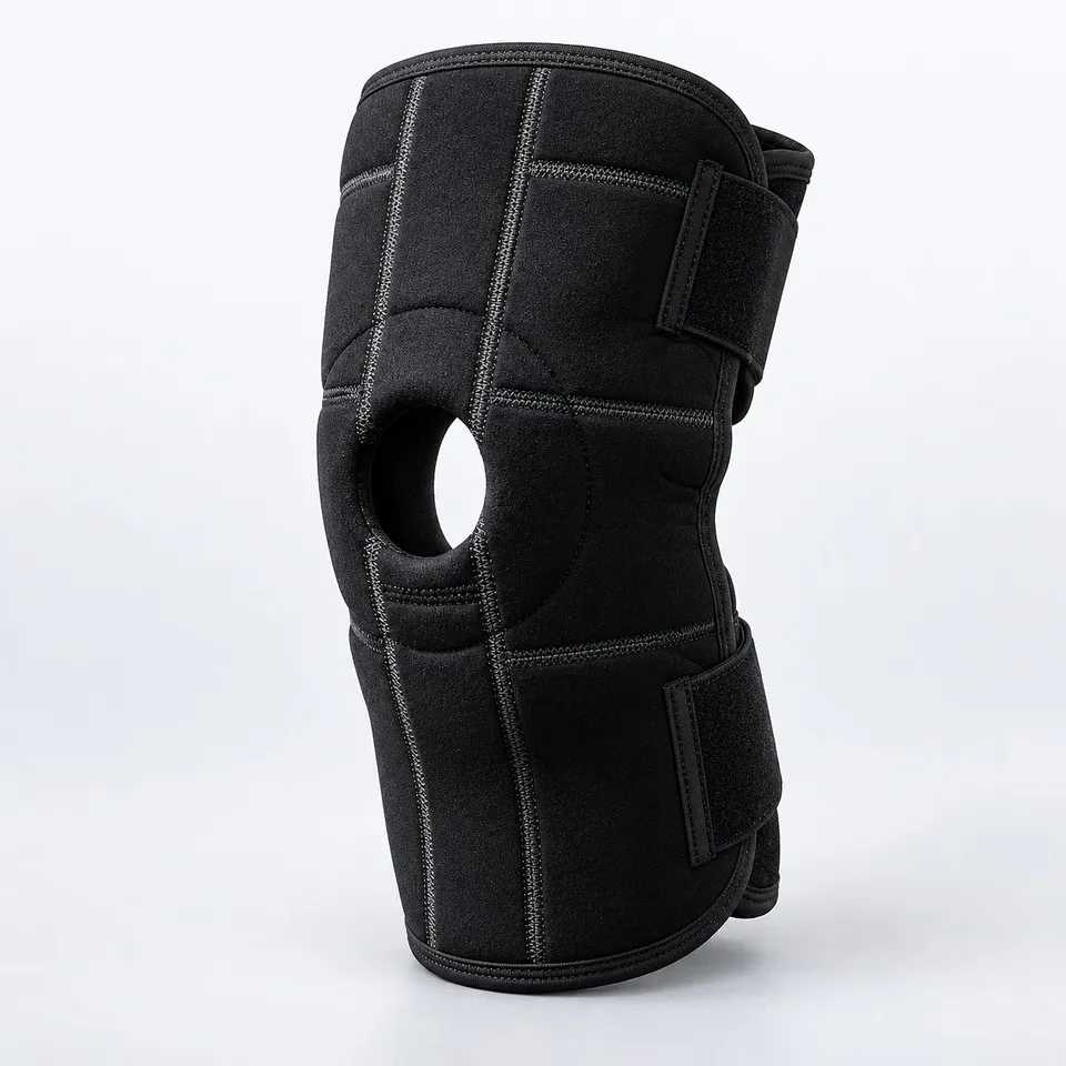Open patella knee brace wrapped as it is worn