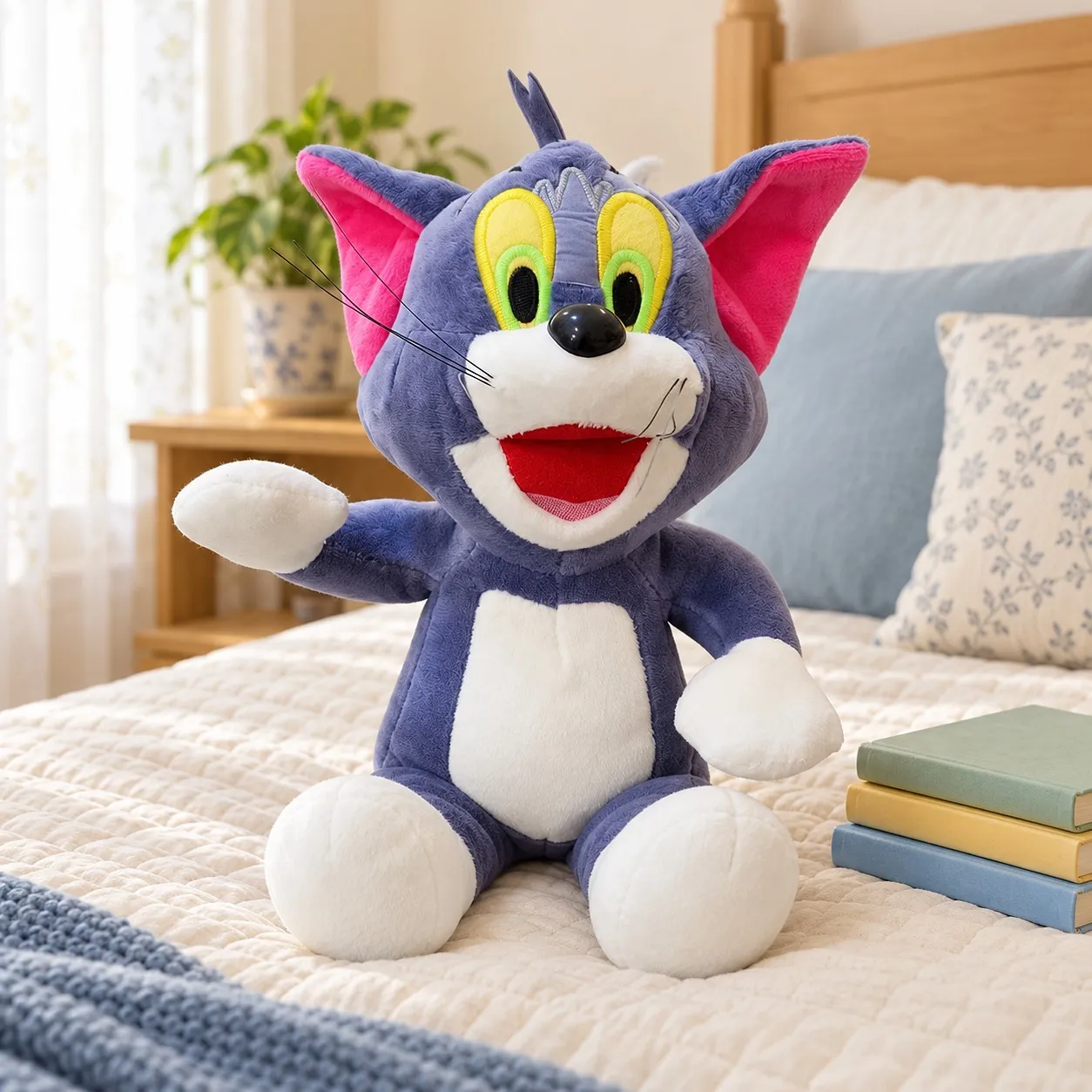 Tom cat plush toy on a child’s bed