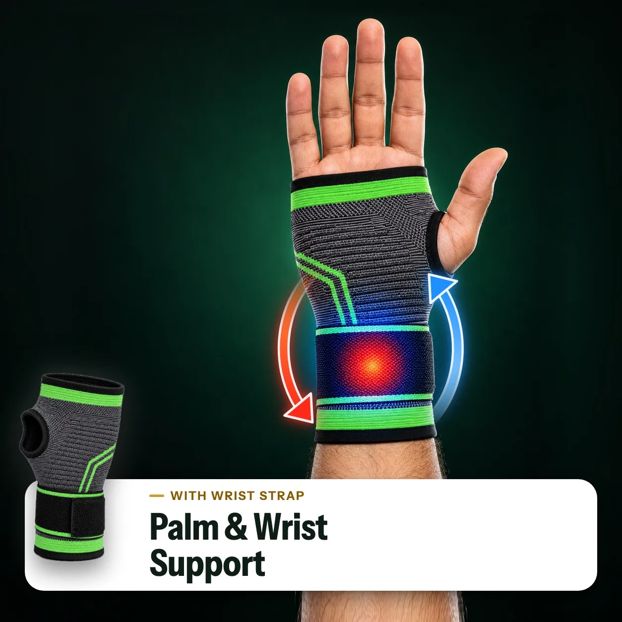 Palm and wrist support on a man’s hand with the strap fastened