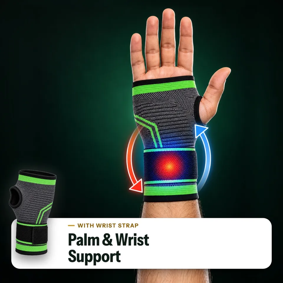 Palm and wrist support on a man’s hand with the strap fastened