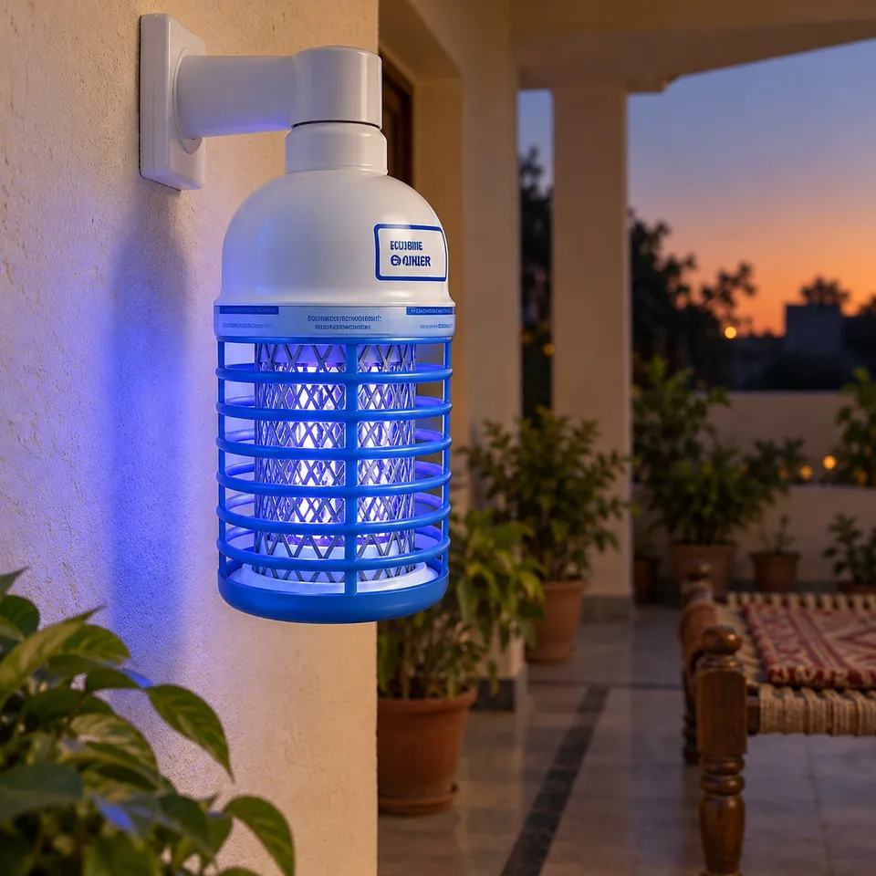 Millat mosquito killer lamp glowing on a verandah at dusk