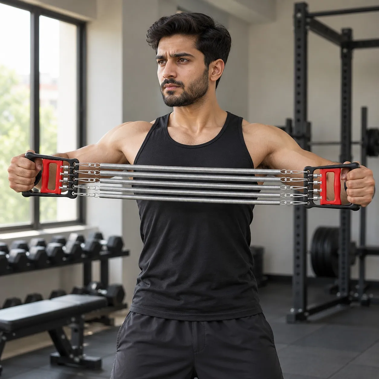 Man using the chest expander in a home gym